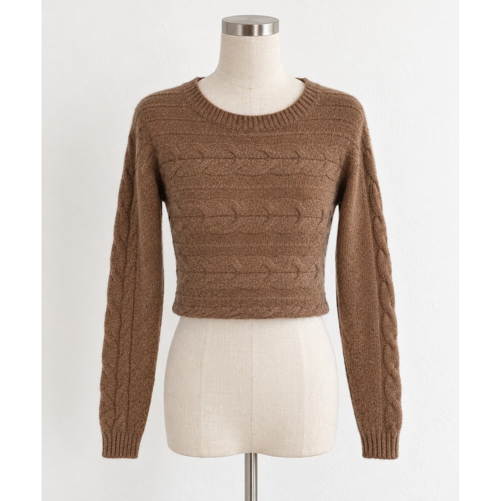 Design History Pure Cashmere S Cropped Brown Cable Knit Sweater Preppy Y2K